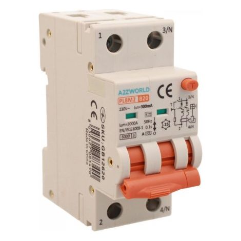 RCBO Interruttore Magnetotermico Differenziale Con Doppia Leva Tipo A Curva B 2P 2M 6000A 300mA, Diagnostica Visiva, B20A  AC 230V IP20 IEC61009-1 PL8M2