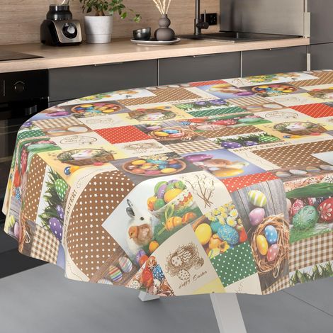 Nappe en Toile cirée, Lavable, pour Table de Jardin, extérieur, intérieur, Ovale, 240 x 140 cm, Bord coupé, Motif Ostara (1/5)