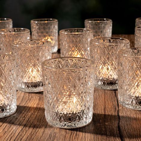 Photophore Verre Transparent, Photophore Bougie Losanges en Relief, Bougeoir Verre pour Bougie Chauffe-Plat, Décoration de Table Mariage Anniversaire Fête Dîner (1/5)