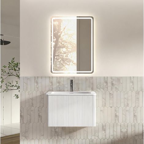 Ensemble meuble de salle de bains avec lavabo intégré et miroir LED, largeur 60 cm, fixation murale, éclairage réglable, fonction antibuée, design rainuré blanc – CHICFURN (1/5)