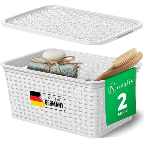 Novaliv lot de 2 paniers de rangement élégants avec couvercles aspect rotin Plastique alimentaire blanc 5L Parfait pour la salle de bain et le
