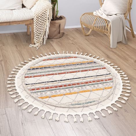 Paco Home Teppich Wohnzimmer Kurzflor Boho Modern Ethno Skandi Geometrisch Fransen 120 cm Rund, Bunt 2