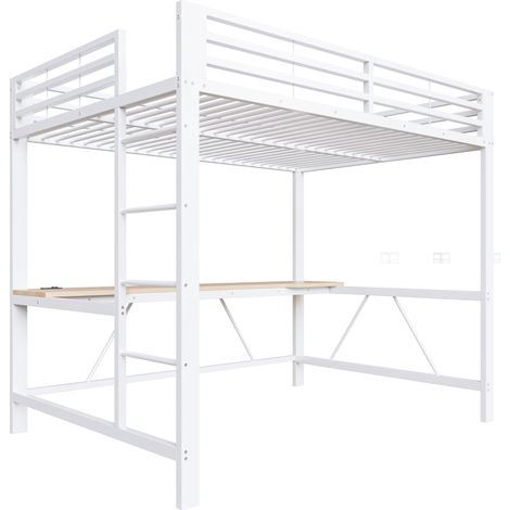 Cama alta gaming 140x200 de metal blanco con LED, puerto USB y escritorio (1/5)