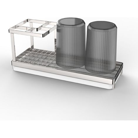 Edelstahl Duschbürstenhalter – Multifunktionale Halterung für elektrische Zahnbürsten, Gläser und Badaccessoires – Mit integriertem Tablett + 2 transparenten Gläsern