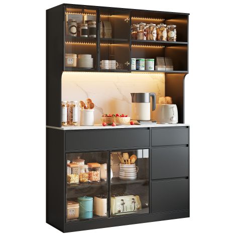 Mobile alto, vetrina, credenza, mobile da sala da pranzo, mobile da soggiorno, look bianco e nero, sezione centrale effetto marmo, struttura in MDF, elementi in vetro, luci LED integrate, spazio conte (1/5)