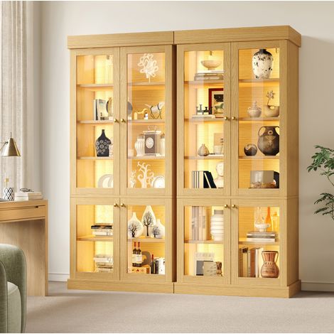 Mueble vitrina con LED ambiental, 160 x 40 x 180 cm, MDF y vidrio, natural, OKMYHOME (1/5)