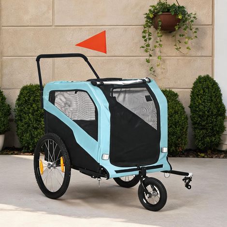 Remorque chien 2-en-1 bleu avec réflecteurs 170 cm acier en acier (1/5)