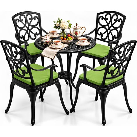 Homeology VIVALDI Black 5-Piece Cast Aluminium Garden Bistro Set - Rust-Proof Round Table with Parasol Hole & 4 Large Armchairs - with Green Cushions (1/5)