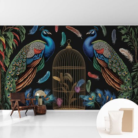 Papier peint intissé décoratif pour salon chambre et cuisine Facile à poser avec colle Paons exotiques 416x254 cm (1/5)