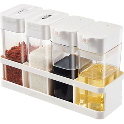 Boîte à épices 4 compartiments avec base séparatrice, contenant 2 flacons à huile et 2 pots à épices, organisateur multifonction étanche en plastique pour cuisine (1/4)