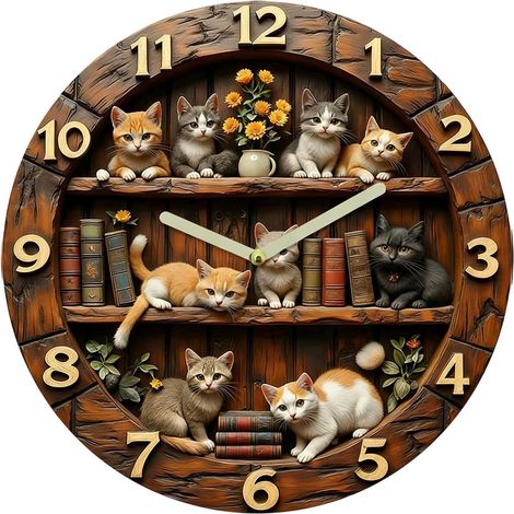 Horloge Murale pour Chambre Décoration Animale en Bois Vintage Horloge Murale Thématique Chat Rétro Salon, Bureau, Cuisine, Salle de Sport, Véhicule Loisir, Chambre Enfant, Entrée, (1/5)