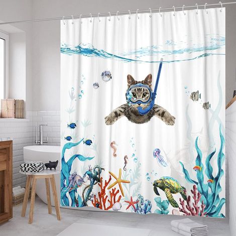 Rideau de douche chat bleu rigolo, 183 cm × 183 cm, couleur bleu sarcelle et océan.