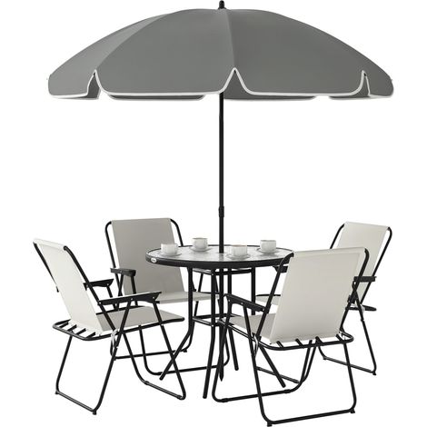 Ensemble de table et chaises de jardin 6 pièces Meubles de jardin extérieur avec 4 chaises pliantes, table en verre et parasol pour terrasse, patio Crème (1/5)