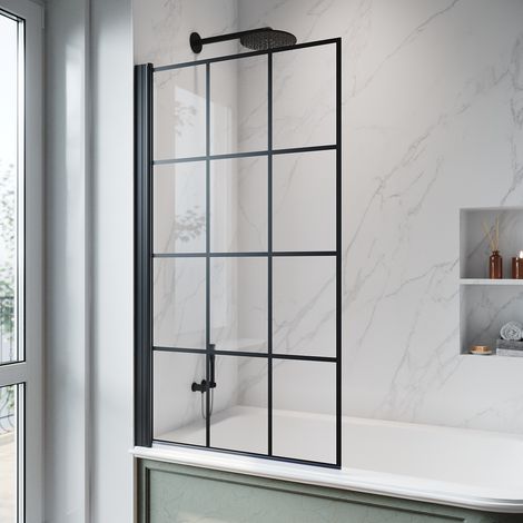 ELEGANT 800x1400mm Pivot Bath Screen Black Grid Hinged Door Over Bath 5mm Safety Tempered Glass Panel Shower Screen for Bath, Black Aluminium Profile