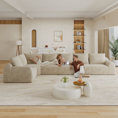 Divano a compressione in spugna da 401 cm, divano senza struttura rigida, a forma di L, divano a compressione per soggiorno, camera da letto, appartamento, nessun montaggio richiesto, KAKI (1/5)