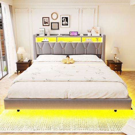 Lit - KOMHTOM - 180x200 cm - Velours gris - Tête rabattable USB-C & LED - Coffre de rangement 350 kg (1/5)