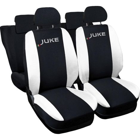 Lupex shop - Coprisedili Auto Compatibili per Juke, Made In Italy, anteriori e posteriori con copri poggiatesta incluso, tessuto poliestere, Nero - Bianco