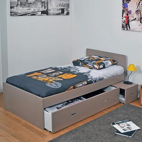 Lit tiroir avec chevet en bois gris 90x190 - LT14015 (1/5)