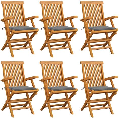 vidaXL Sillas plegables con cojines grises, 6 unidades, madera maciza de teca. (1/5)