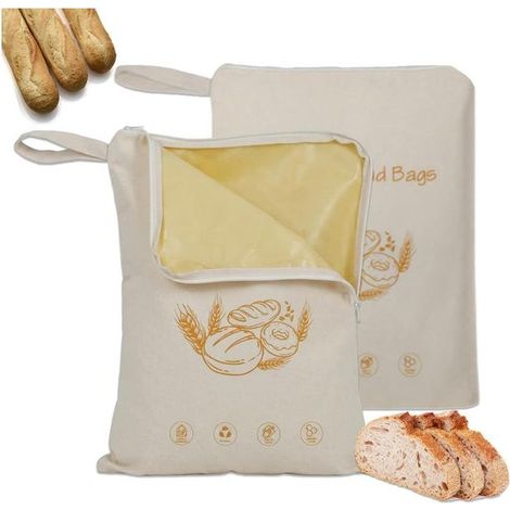 Sac à Pain en Cire d‘Abeille, Sac de Rangement Réutilisable avec Fermeture Éclair et Poignée, Coton Naturel pour Pain Maison (Lot de 2, 33x43cm) (1/4)