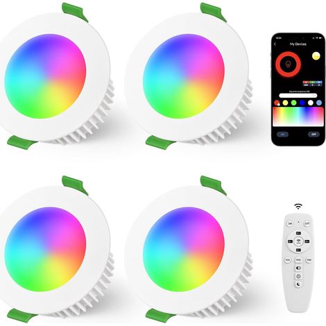 Bluetooth Projecteur LED Encastré RGB 5W 230V, Lot de 4 Spots LED 2700K-6500K, Réglable en Luminosité, Commande via Application & Télécommande, Trou de Perçage 65-80mm, IP44, Noir (1/5)