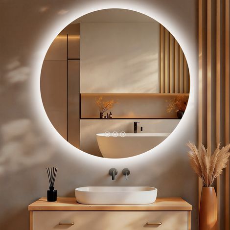 Miroir salle de bain LED rond 80 cm S'AFIELINA, dimmable, 3 couleurs, anti-buée, tactile, mémoire, HD, film anti-explosion, économe en énergie, IP65