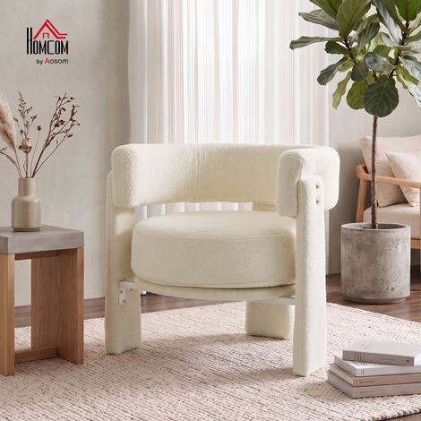 Fauteuil lounge recouvert de peau de mouton avec coussin lombaire blanc crème (1/5)