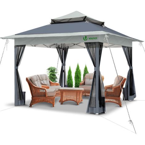 Vounot – Tonnelle de jardin 3,6x3,6m pliable – Acier robuste – Moustiquaire amovible – Hauteur réglable – Sacs de sable inclus