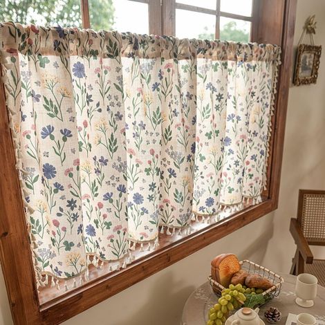 1 cortina de estilo rústico para cafetería, corta, opaca, con borlas, para bistró, 100 x 45 cm. (1/5)