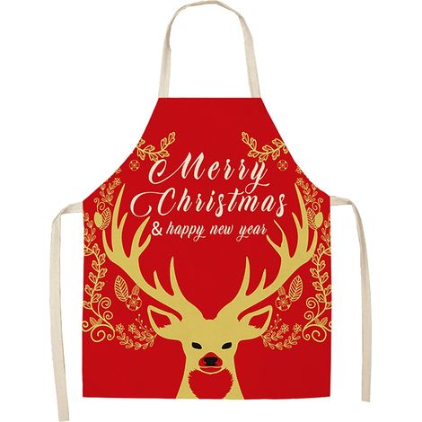 Tablier De Cuisine - Motif Plaid Buffalo Rouge Et Noir - Avec Impression Flocons De Neige Et Cerfs - Réglable - En Lin - Pour Adultes - 1 Pièce (1/5)