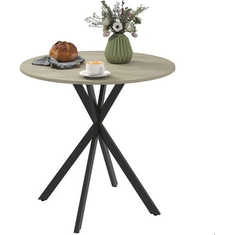 Table de cuisine 80 x 75 cm ronde plateau rond style industriel pieds en acier aspect chêne (1/5)