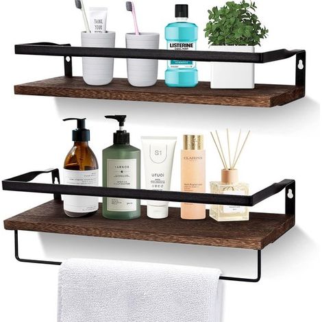 Étagère murale flottante à 2 niveaux avec porte-serviettes intégré - Étagère murale - Rangement mural - Étagère de rangement - Décoration intérieure - Bois de paulownia - Marron (1/5)