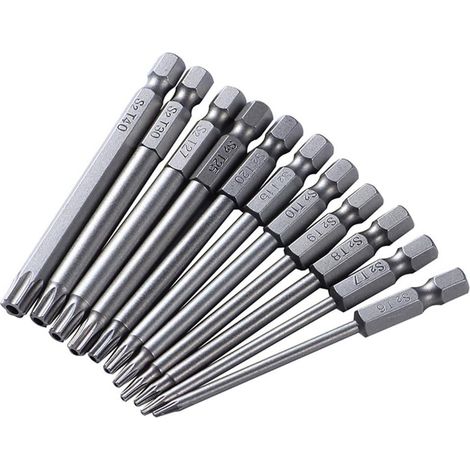 Set mit 11 Schraubendreherbits, 1/4" magnetischer Sternkopf T6-T40, Sechskantschaft, Elektrobits, 100 mm lang