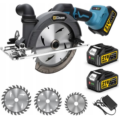 Gisam Scie circulaire sans fil 165 mm – Moteur 1200 W, 2 batteries 4,0 Ah, 3 lames, capacités de coupe : 57 mm (90°), 41 mm (45°), 37 mm (50° en biseau)