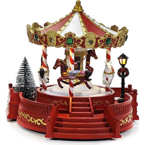 Giostra Natalizia con Cavalli luci led suoni movimento Rosso bianco Oro Carosello Musicale 21,5x21x23 cm e Luci LED Bianco Caldo Albero Innevato e Lampione Decorazione Villaggio di Natale Idea Regalo (1/5)
