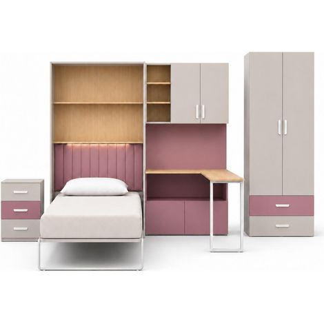 Cameretta Con Letto A Scomparsa Scrivania Armadio Cassettiera Salvaspazio In Melaminico Per Camera Bambini Ragazzi Stanza Ospiti 133 X 208.5 X 45-216 Cm Cashmere E Rosa (1/5)