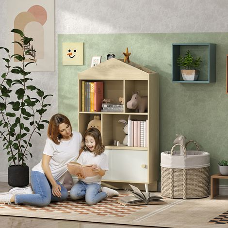 Blanc et bois - Bibliothèque enfant 4 cubes ouverts et étagères supérieures, bois, rangement jouets, pour crèche, salon et chambre, 5 cm