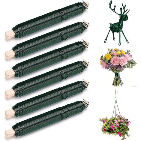6 Pièces Fils de Fer Fleuriste Vert, Ø 0,7 mm x 35 m Fil de Fer Souple Loisir pour Jardinage, Art Floral et Bricolage, Fil Métallique Enroulé sur Bâtonnet en Bois (1/5)