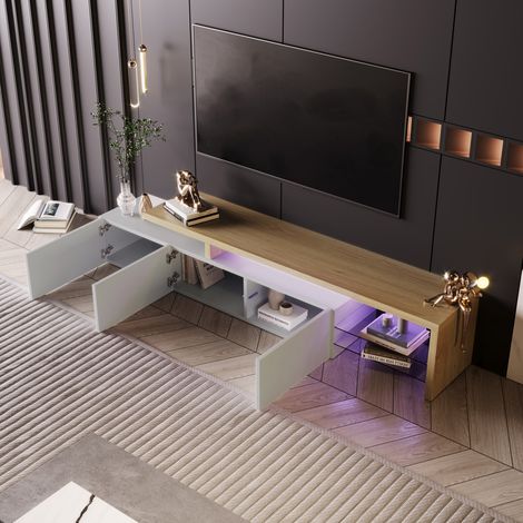 Meuble TV Moderne 200cm,Banc TV avec  Éclairage LED Réglable et  3 Portes,2 Étagères en Verre, Espace de rangement, Design Moderne, aspect bois,pour TV jusqu'à 90 Pouces (200x39x42 cm)  - Blanc (1/5)