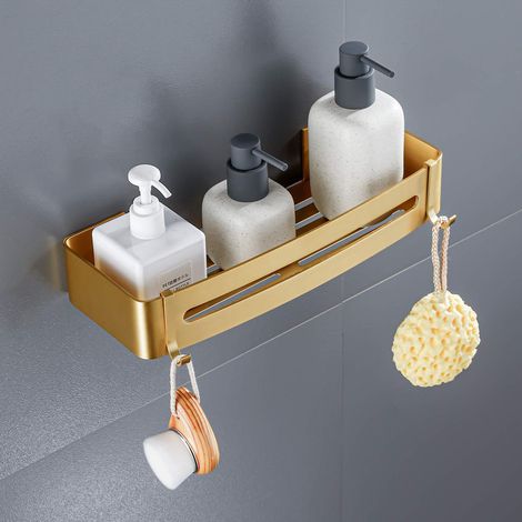 Étagère de douche murale en or brossé avec crochets, perçage ou adhésif (1/5)