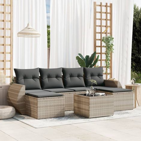 Ensemble 7 pièces salon de jardin gris clair résine tressée avec coussins déhoussables, table verre trempé et rangements étanches (1/3)
