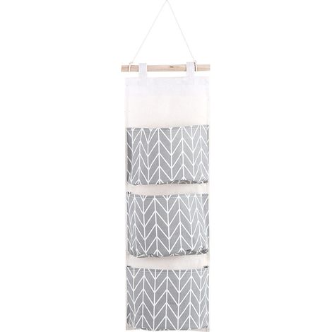 Sac de rangement mural en coton et lin à 3 poches, gris, pour chambre ou bureau. (1/5)