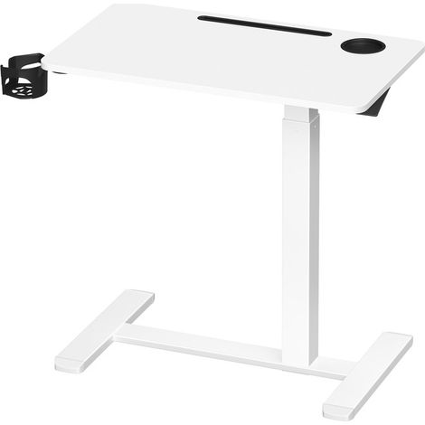 Table d'appoint à roulettes, table debout mobile, plateau de 70 x 40 cm, hauteur réglable, 2 porte-gobelets, fente pour téléphone portable ou tablette, blanc nuage (1/5)
