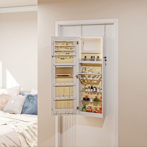 Mobile portagioie con illuminazione a LED, organizer per gioielli da parete/porta con serratura e specchio, 37 x 10,5 x 108 cm, bianco