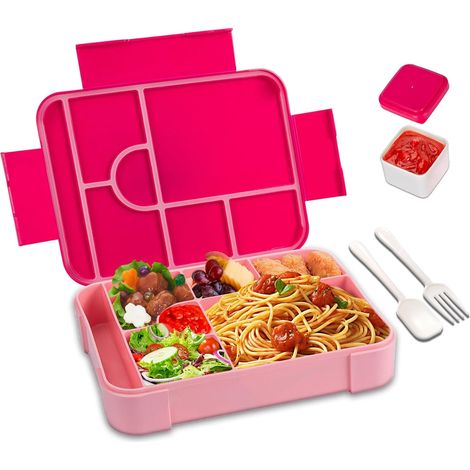Lunchbox, 1330 ml Bento-Box mit 7 Fächern, wiederverwendbare Lunchbox mit Löffel und Gabel, BPA-frei, mikrowellengeeignet, spülmaschinenfest, Schule, Picknick (Rosa)