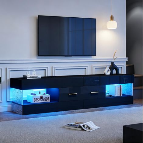 Mueble TV negro brillante LED con 2 cajones y 4 nichos, almacenaje moderno, 152 x 35 x 40 cm (1/5)