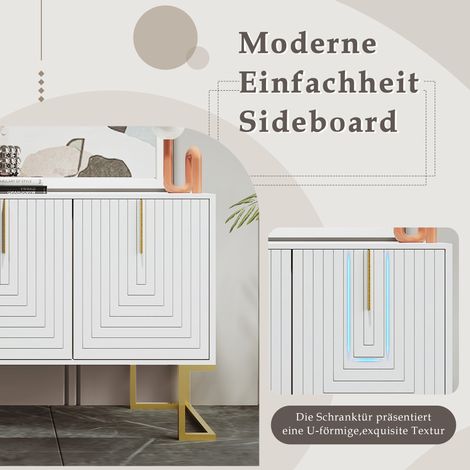 Buffet moderne 3 portes, étagères réglables, portes en U, poignées et pieds en métal, blanc, pour salle à manger et cuisine. (1/5)