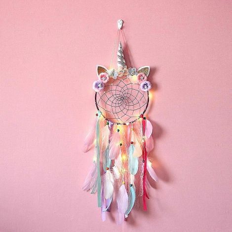 Attrape-rêves licorne à plumes violettes avec lumières LED, cadeau d'anniversaire pour petites filles, décoration murale pour chambre de bébé. (1/5)