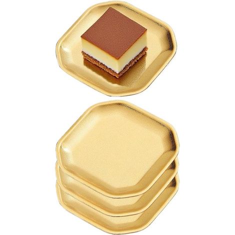 Zarte, quadratische Servierplatte aus Edelstahl, 12 x 12 cm, 4er-Set, goldfarben, geeignet für Vorspeisen, Desserts, Kuchen, Salate und Sushi (1/5)