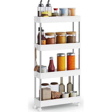 Chariot de Cuisine à 4 Niveaux, Étagère de Cuisine, Étagère Étroite, avec 6 Crochets, Structure en Acier, Salle de Bain, 14,4 x 42 x 86 cm, Blanc Nuage KSC08WT (1/5)